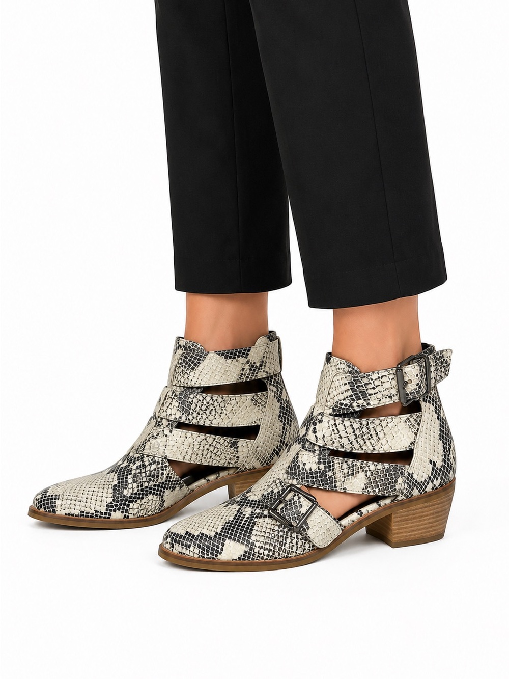 New Crevo Python Snakeskin Ankle Boots Cream Leather Cutout Heeled Bootie 7.5